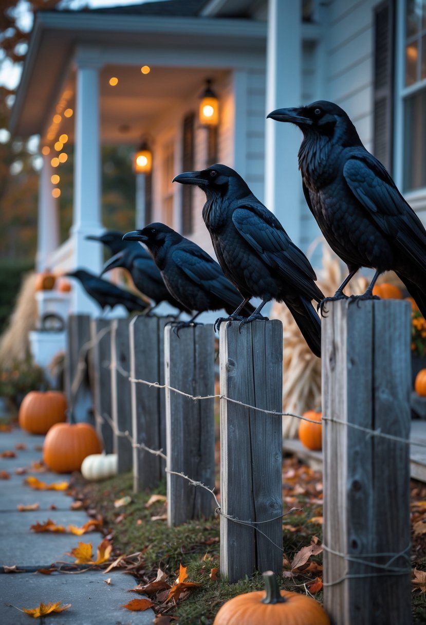 Several black crows perched on wooden fence posts near a front porch decorated with pumpkins and autumn leaves.