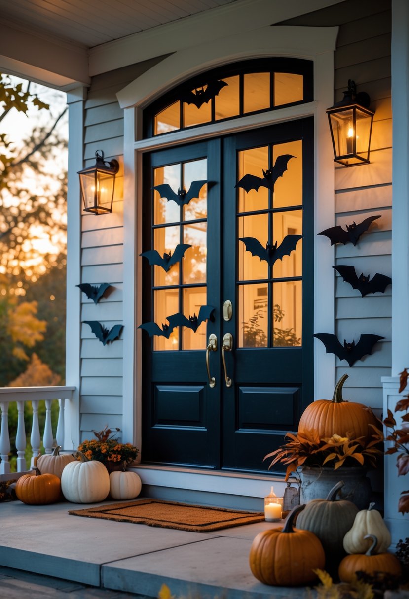 Front porch decorated for Halloween with paper bats stuck to windows and pumpkins on the steps.