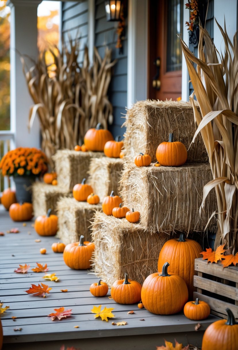 Front porch decorated with hay bales and small orange pumpkins for Halloween.