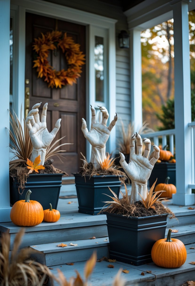 Front porch with creepy Halloween hand props emerging from planters among autumn plants.