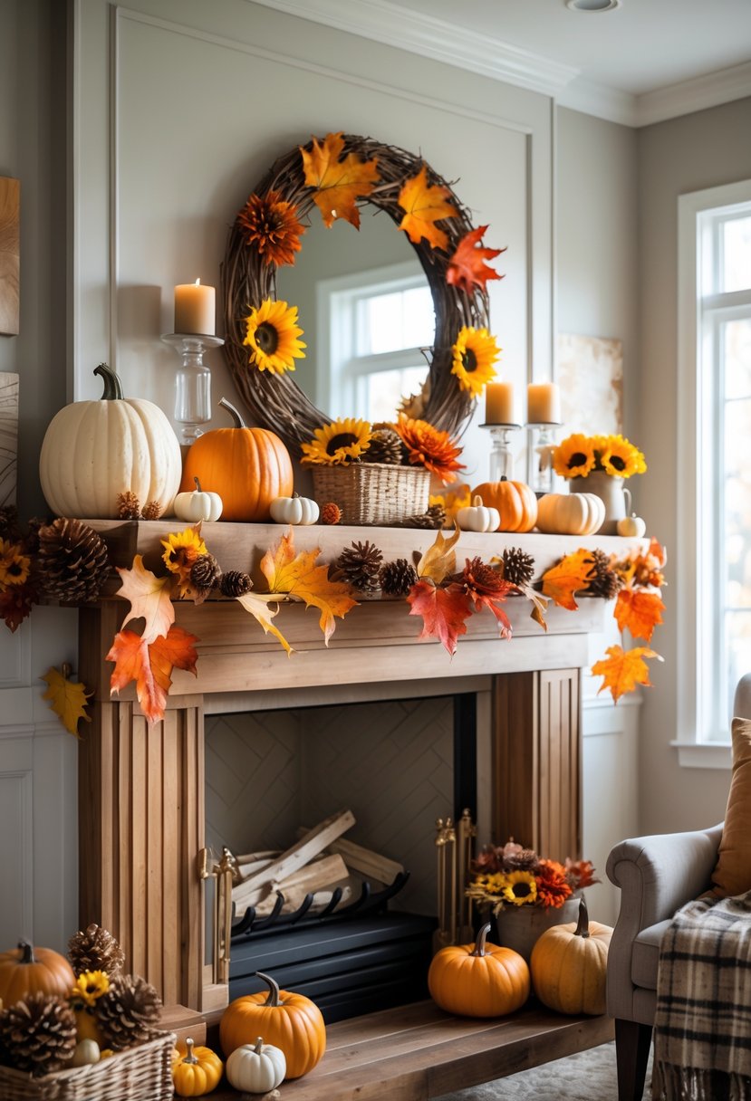 A living room mantel decorated with pumpkins, autumn leaves, pinecones, candles, and seasonal flowers.