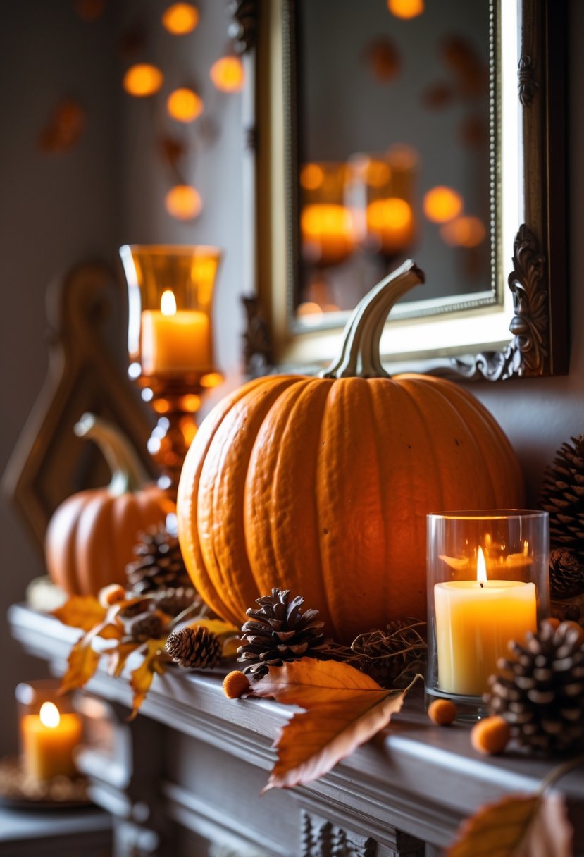 A fall mantel display with a pumpkin, a lit candle, and autumn decorations in warm amber tones.