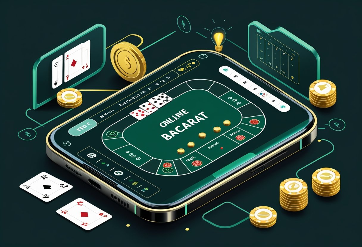 Ilustrasi meja permainan Baccarat online dengan kartu, chip, dan perangkat digital yang menampilkan permainan untuk pemain baru.