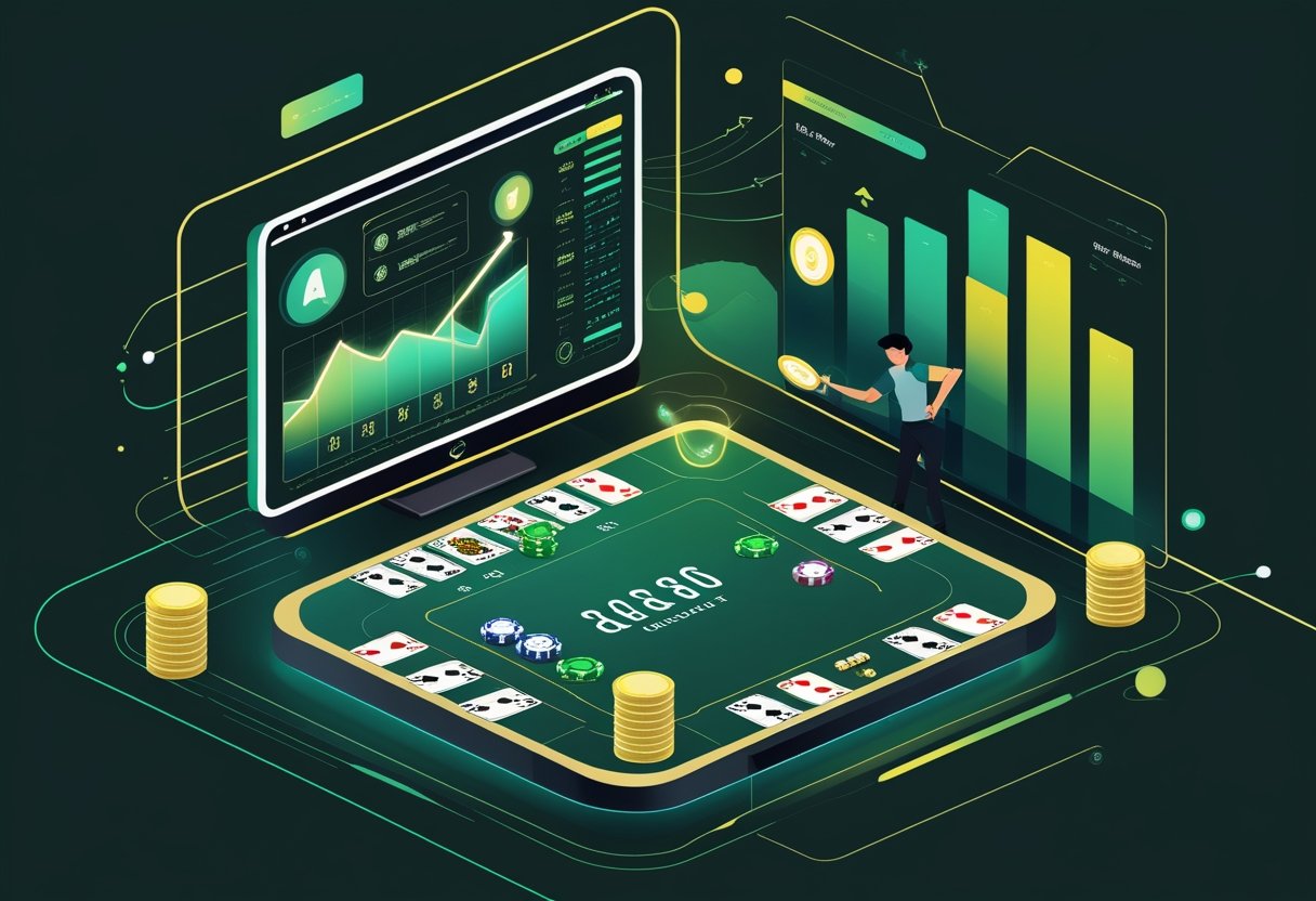 Seorang pemain sedang menganalisis meja baccarat online dengan kartu dan chip, dikelilingi oleh elemen digital yang menunjukkan strategi dan perhitungan peluang.