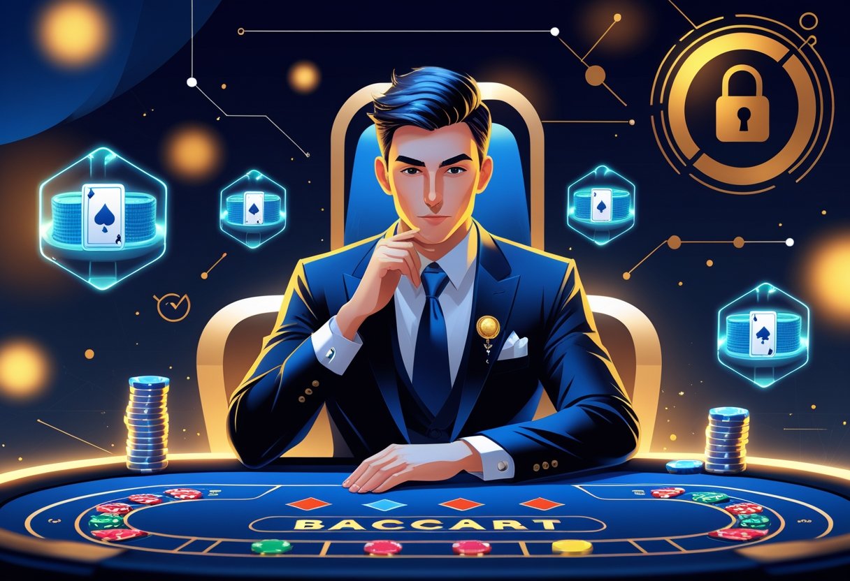 Seorang pemain duduk di meja baccarat dengan ekspresi fokus di lingkungan kasino online yang mewah dan aman.