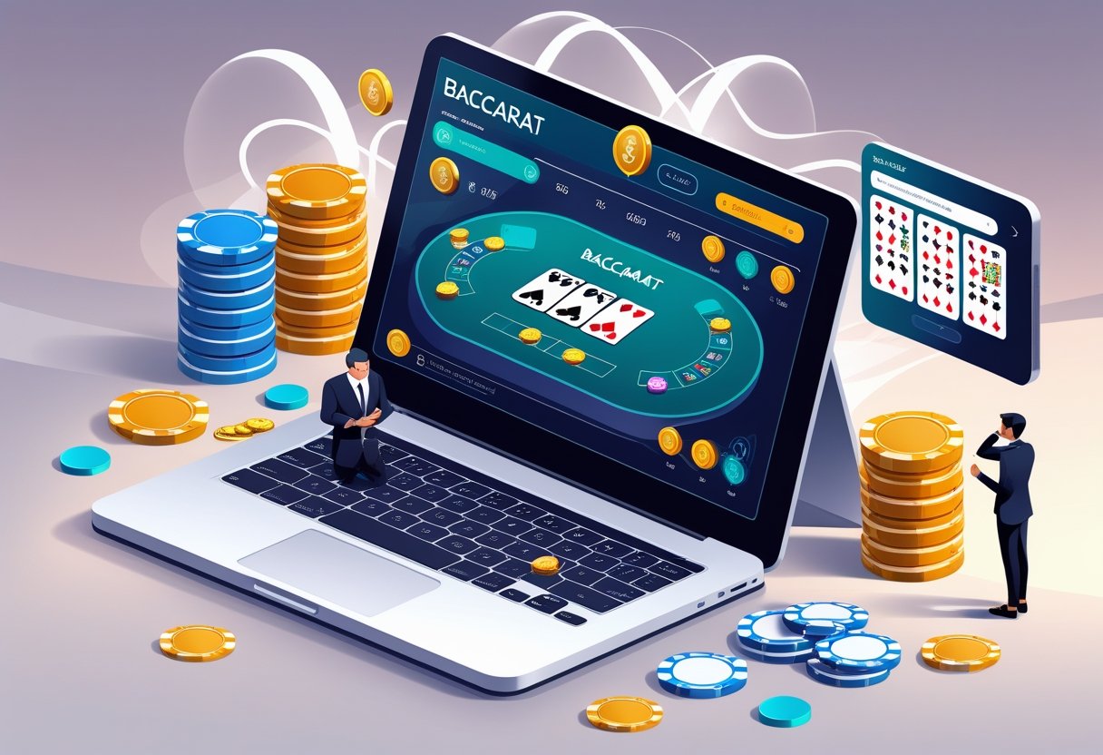 Seorang pemain duduk di depan laptop yang menampilkan meja baccarat online dengan kartu dan chip taruhan, menunjukkan suasana memilih meja dan taruhan yang menguntungkan.