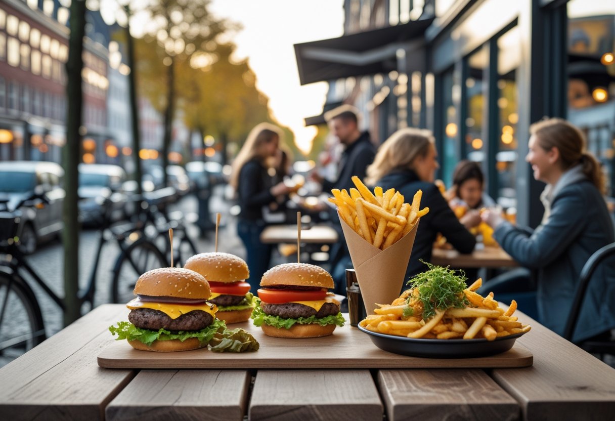 A busy fast food restaurant in Copenhagen with people enjoying burgers, fries, and pickled vegetables at an outdoor seating area.