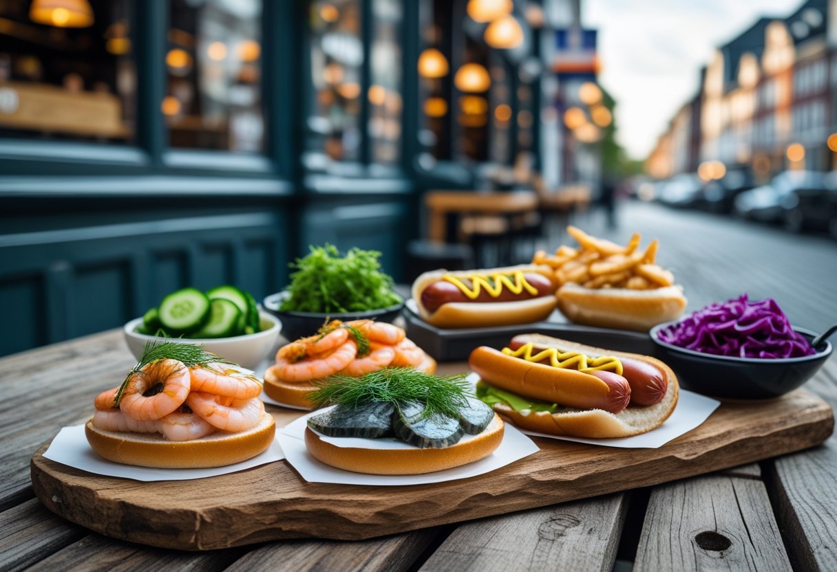 A table with traditional Danish open-faced sandwiches, hot dogs, and pickled side dishes in an outdoor café setting.