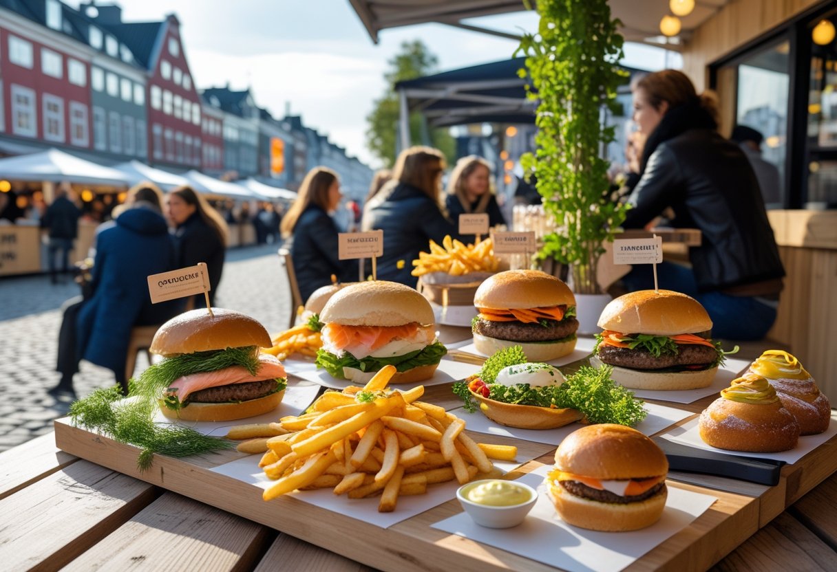 People enjoying Nordic and European inspired fast food at an outdoor market in Copenhagen with modern design and local dishes on wooden tables.