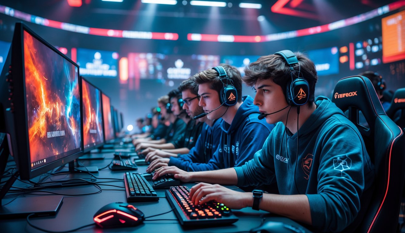 Sekelompok pemain e-sports muda yang serius bermain dalam turnamen online dengan peralatan gaming di arena yang terang dan modern.