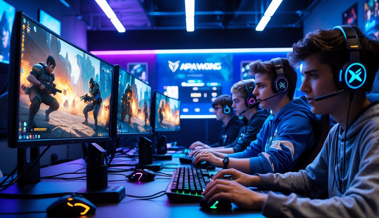 Sekelompok orang muda bermain game e-sports dengan peralatan gaming modern di sebuah ruangan dengan pencahayaan LED biru dan ungu.