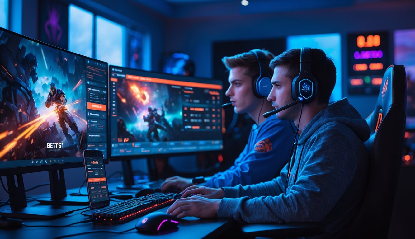 Dua orang muda duduk di depan komputer dengan layar menampilkan permainan e-sports dan peluang taruhan online.