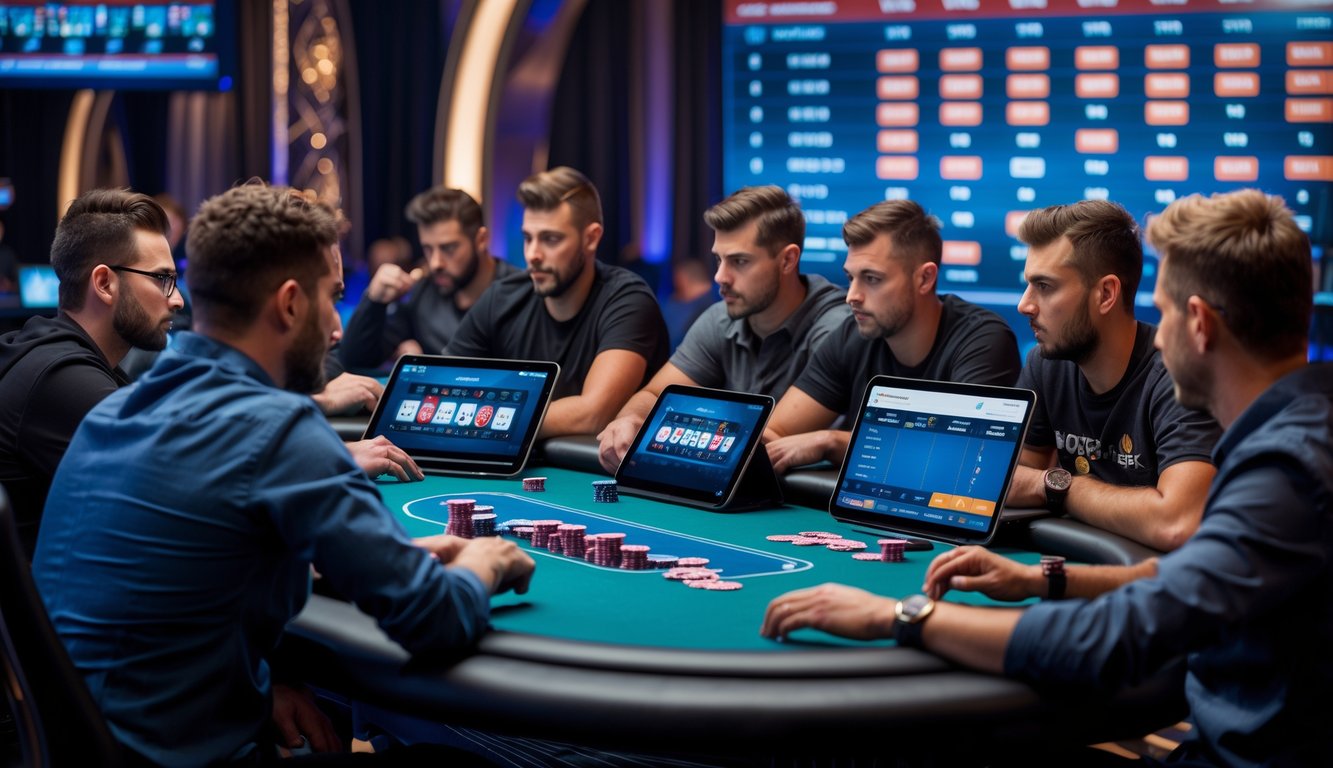 Sekelompok pemain poker online sedang bermain di meja poker dengan perangkat digital dan papan peringkat turnamen di latar belakang.