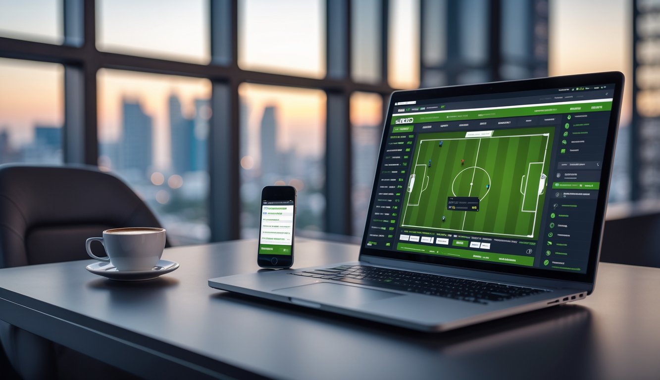 Meja kerja modern dengan laptop yang menampilkan antarmuka taruhan bola online, ponsel dengan notifikasi taruhan, dan pemandangan kota di latar belakang.