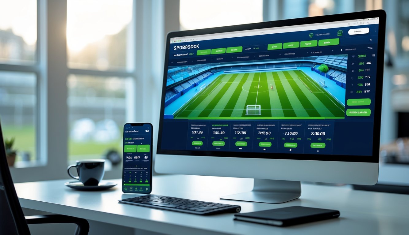 Tampilan antarmuka platform sportsbook modern di komputer dan ponsel di atas meja kerja dengan latar kantor yang samar.