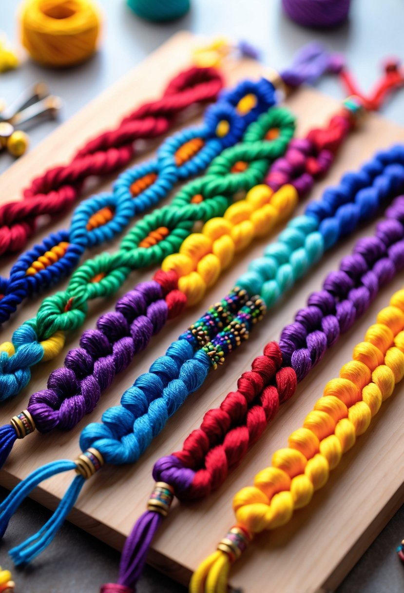 A collection of colorful twisted rope friendship bracelets arranged on a wooden surface with crafting materials nearby.
