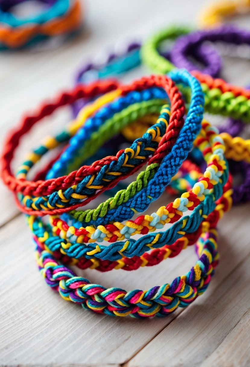 Close-up of several colorful braided friendship bracelets arranged on a wooden surface.