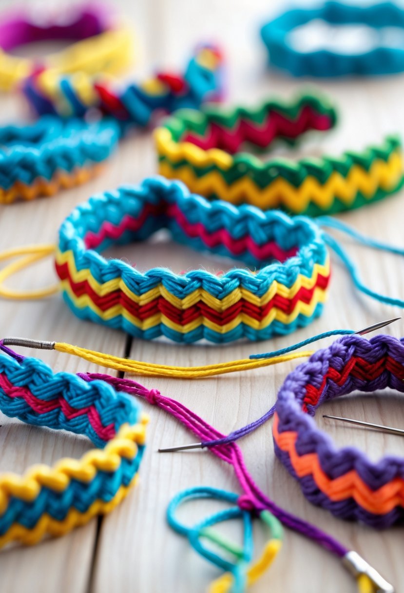 Close-up of colorful V-shape chevron friendship bracelets arranged on a wooden surface with crafting materials nearby.