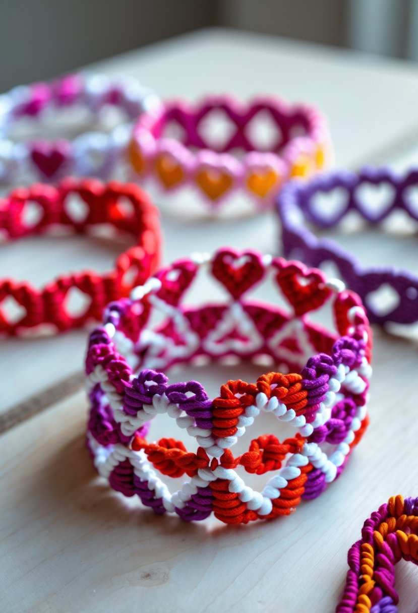 Close-up of colorful handmade friendship bracelets with heart patterns arranged on a wooden surface.