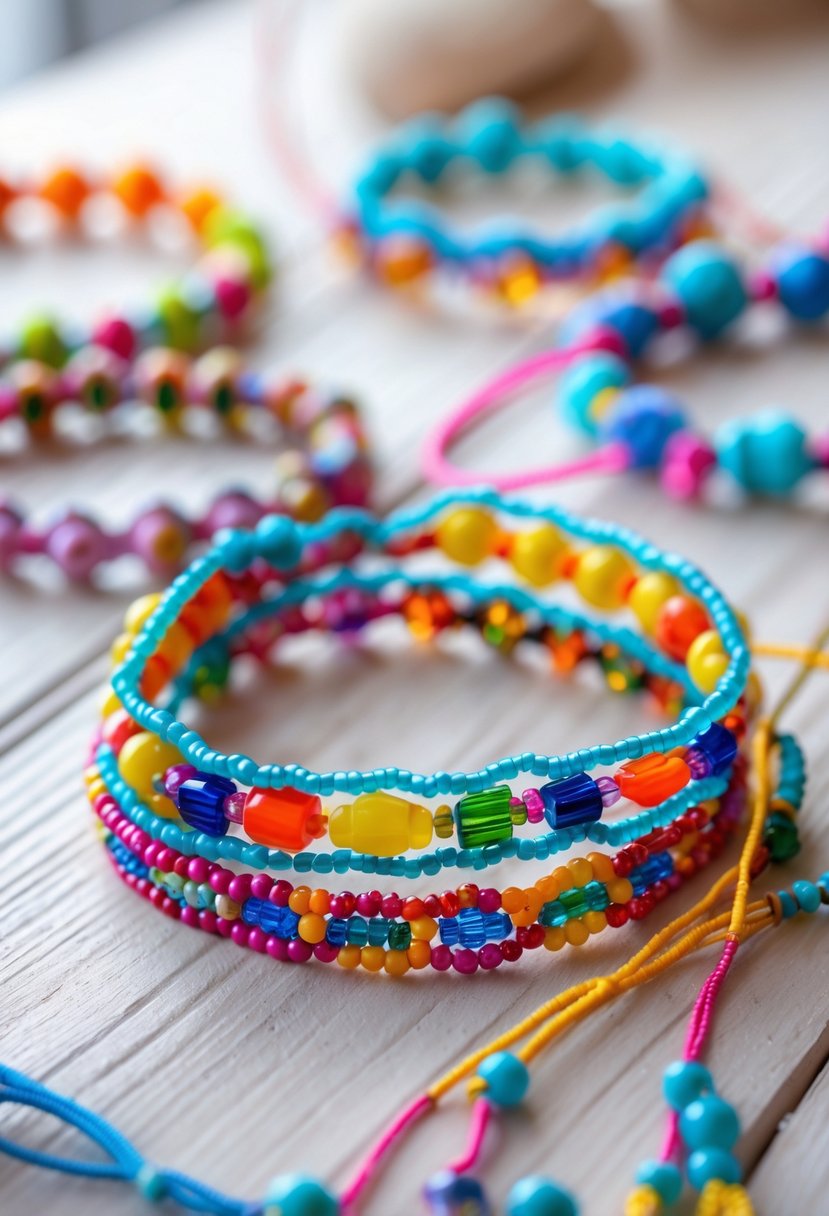 Close-up of several colorful beaded friendship bracelets arranged on a wooden surface.