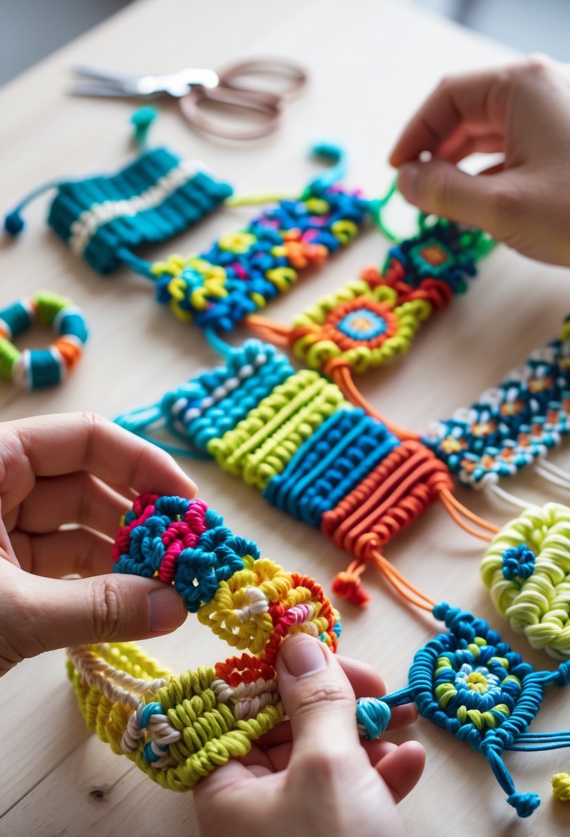 Close-up of colorful handmade macrame friendship bracelets displayed on a wooden surface with hands holding one bracelet.
