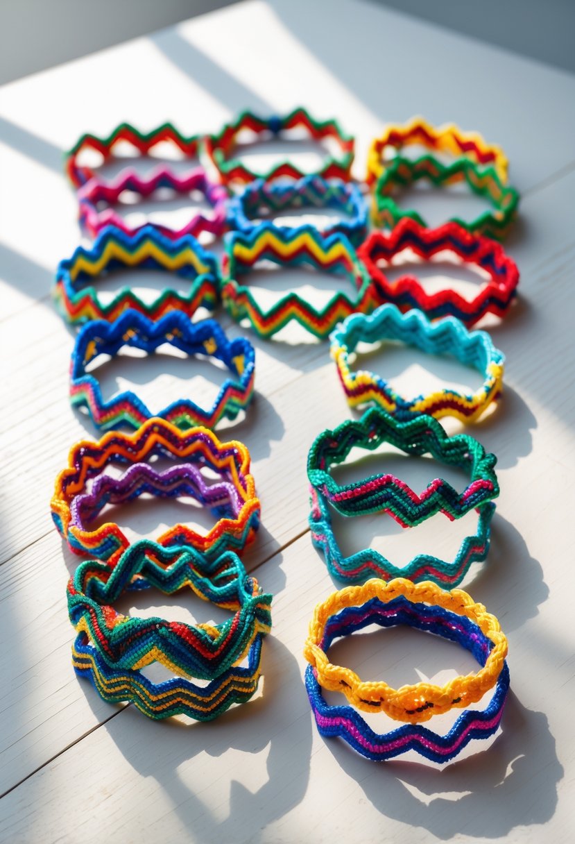 A collection of 15 colorful zigzag patterned friendship bracelets arranged neatly on a wooden surface.