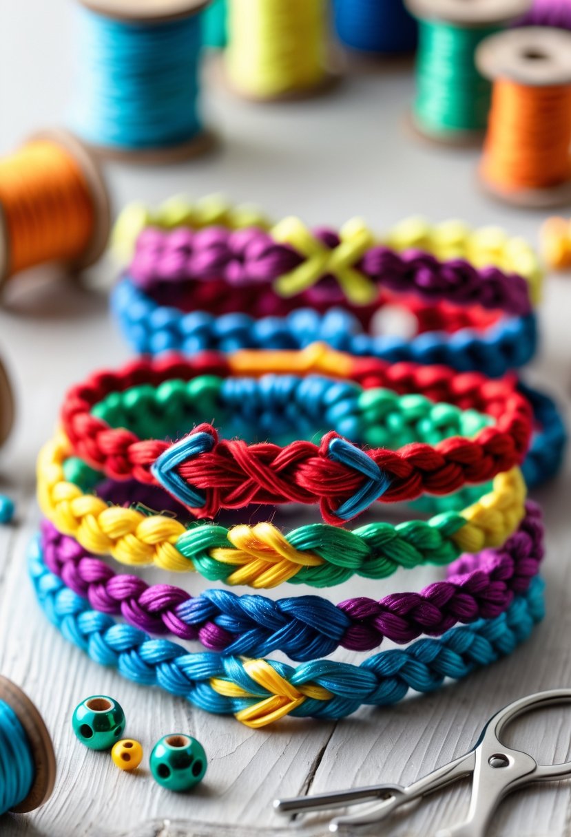 A close-up of colorful handmade friendship bracelets with arrowhead patterns arranged on a wooden surface alongside crafting materials.
