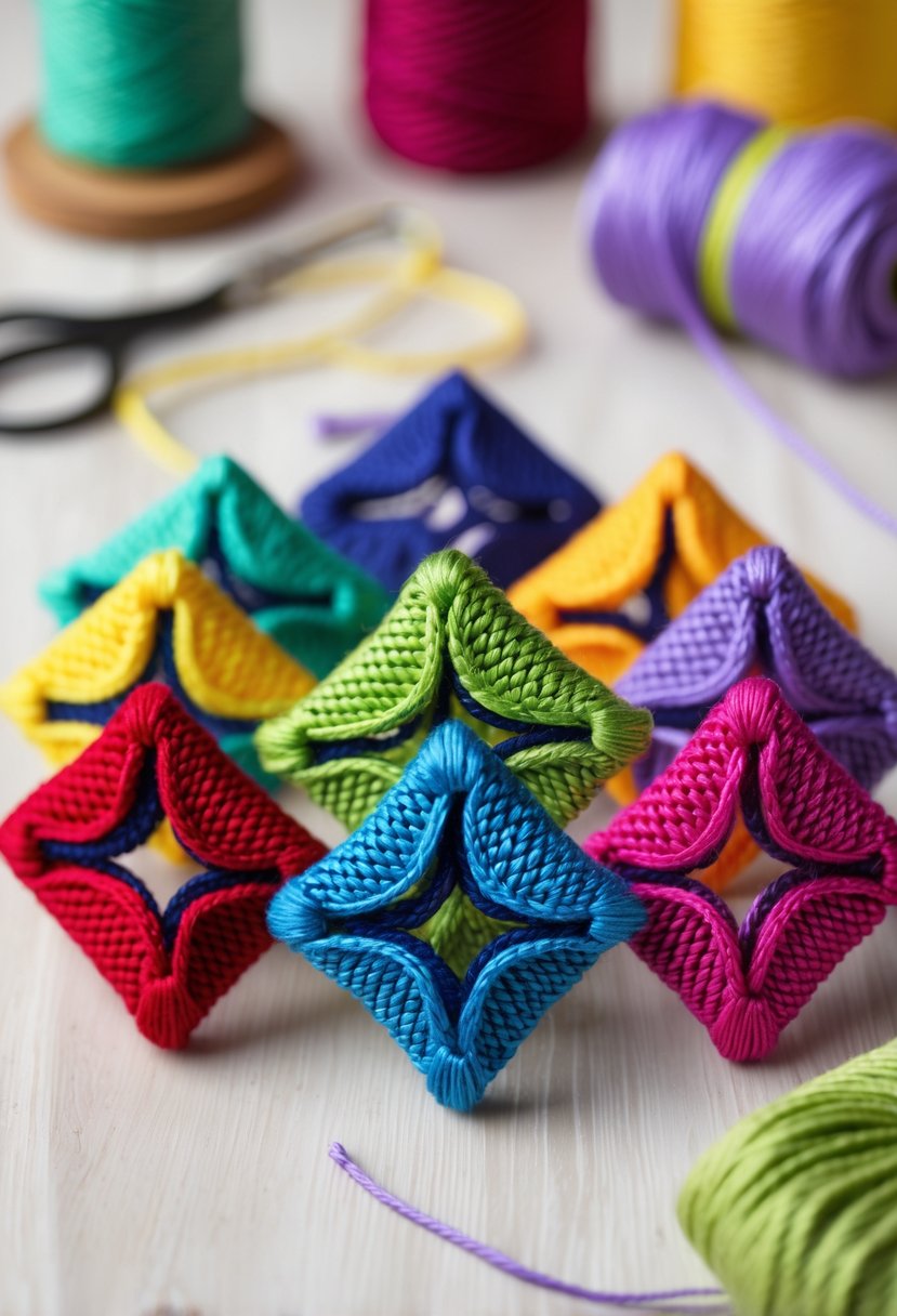 Close-up of colorful diamond-shaped friendship bracelets arranged on a wooden surface with crafting materials in the background.