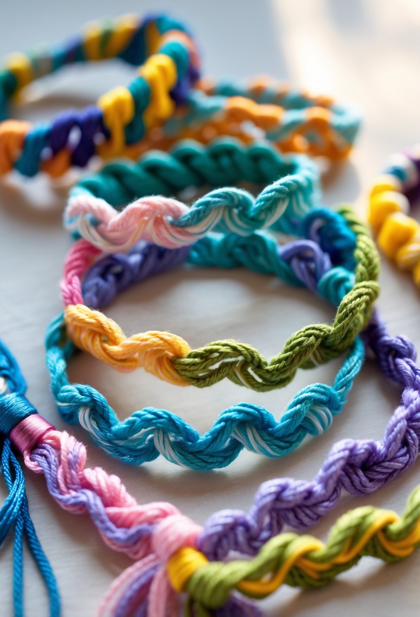 Close-up of 15 colorful handmade friendship bracelets with wave patterns arranged on a wooden surface.