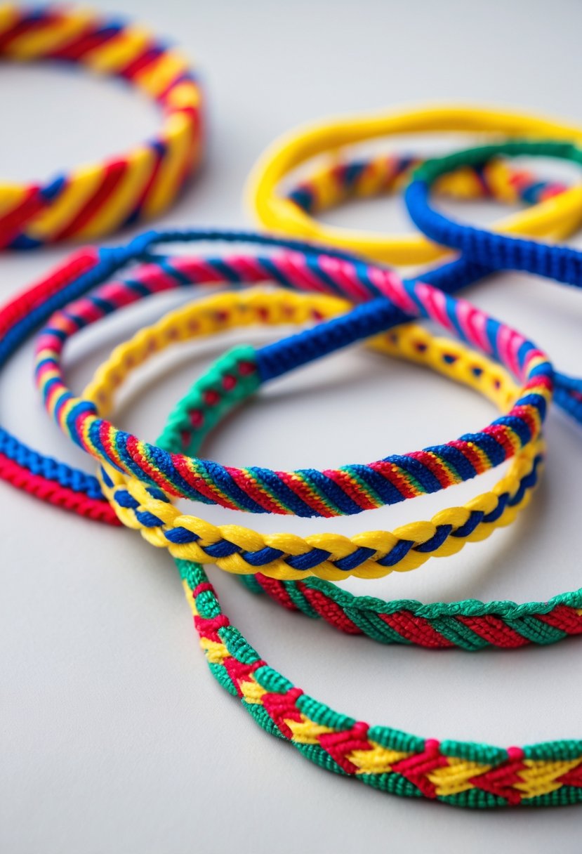 A collection of colorful friendship bracelets with diagonal stripe patterns arranged on a neutral background.