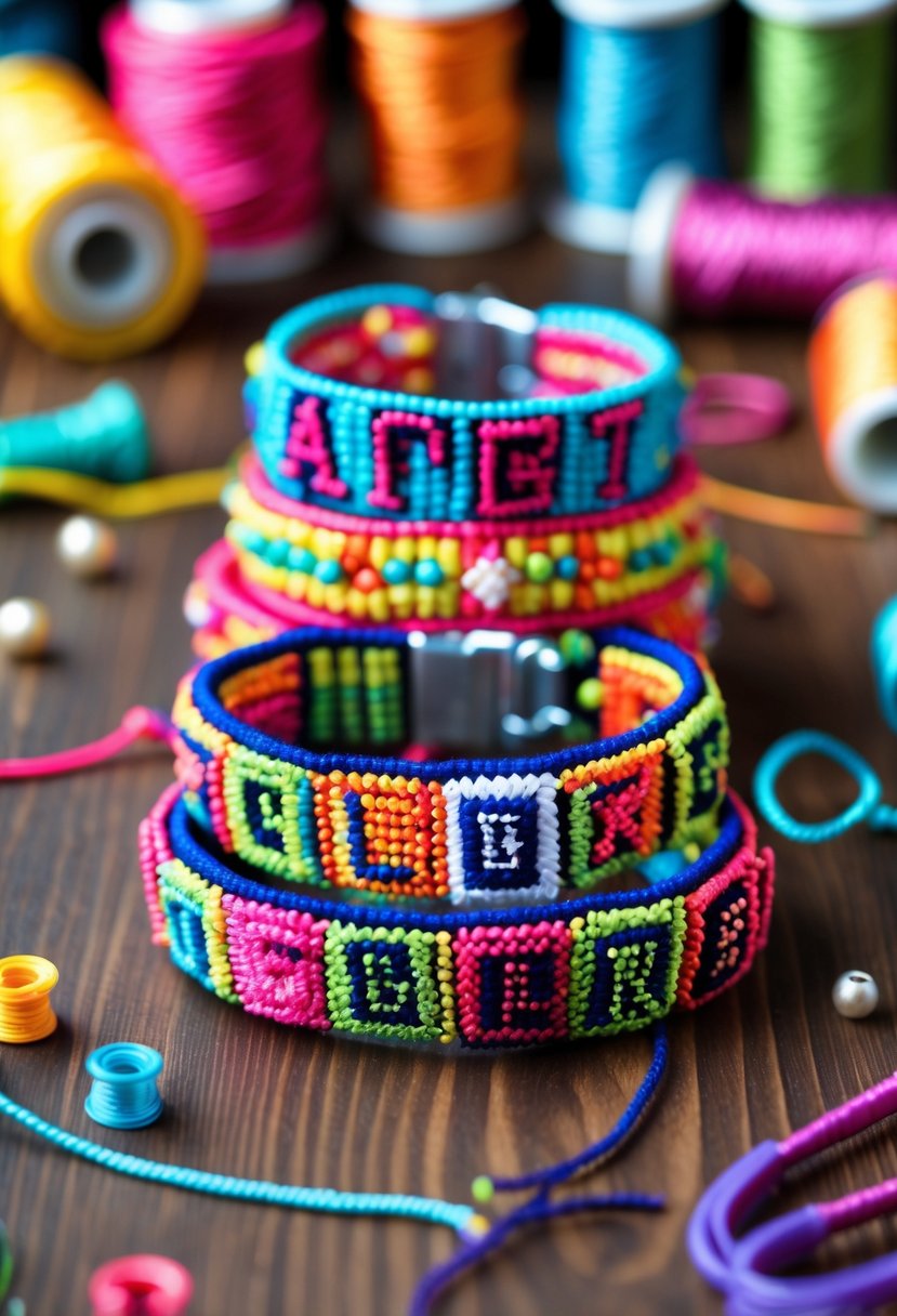 A collection of colorful handmade friendship bracelets with letter patterns arranged on a wooden table alongside crafting supplies.