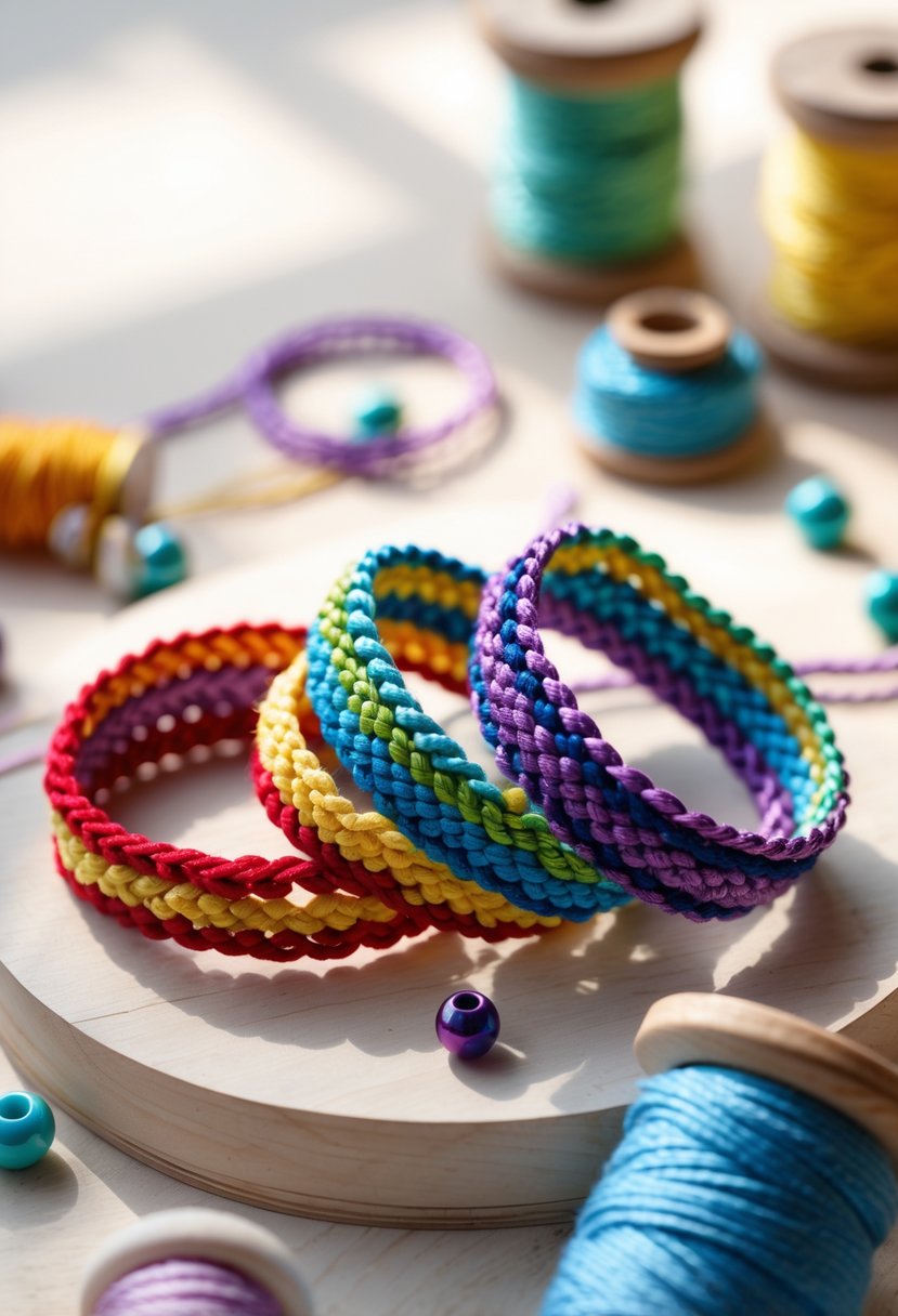 Three colorful braided friendship bracelets displayed on a wooden surface with crafting materials nearby.