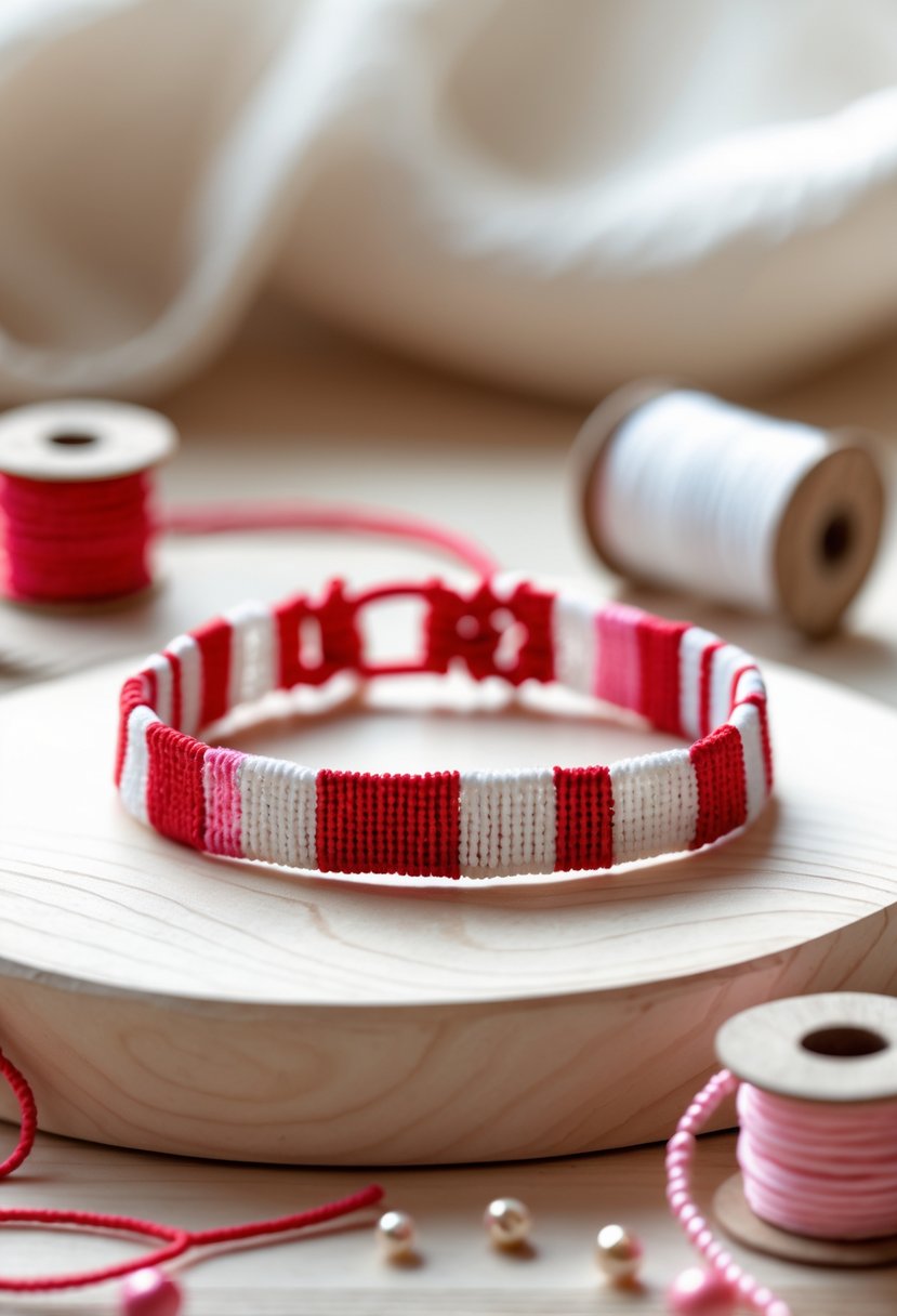 A colorful candy stripe friendship bracelet displayed on a wooden surface with crafting materials nearby.