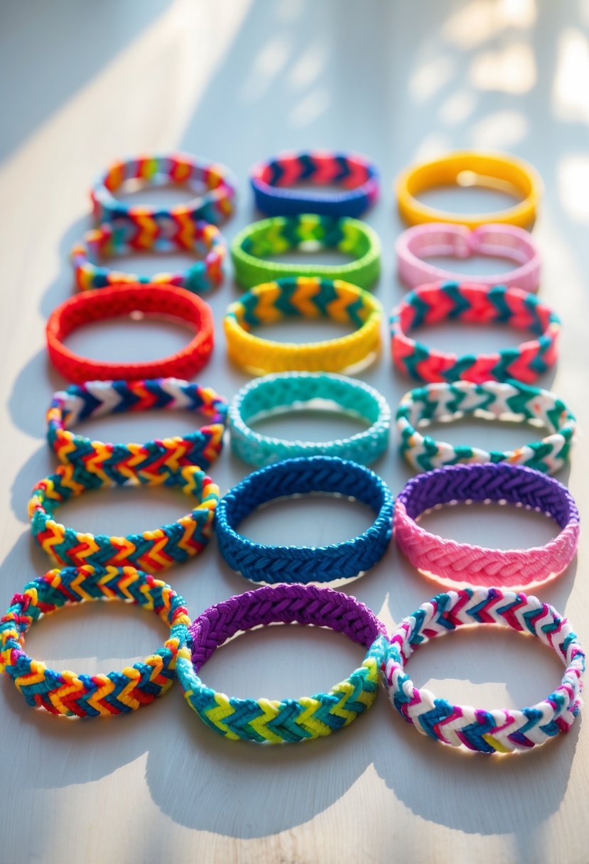 Fifteen colorful friendship bracelets with chevron patterns arranged on a wooden surface.