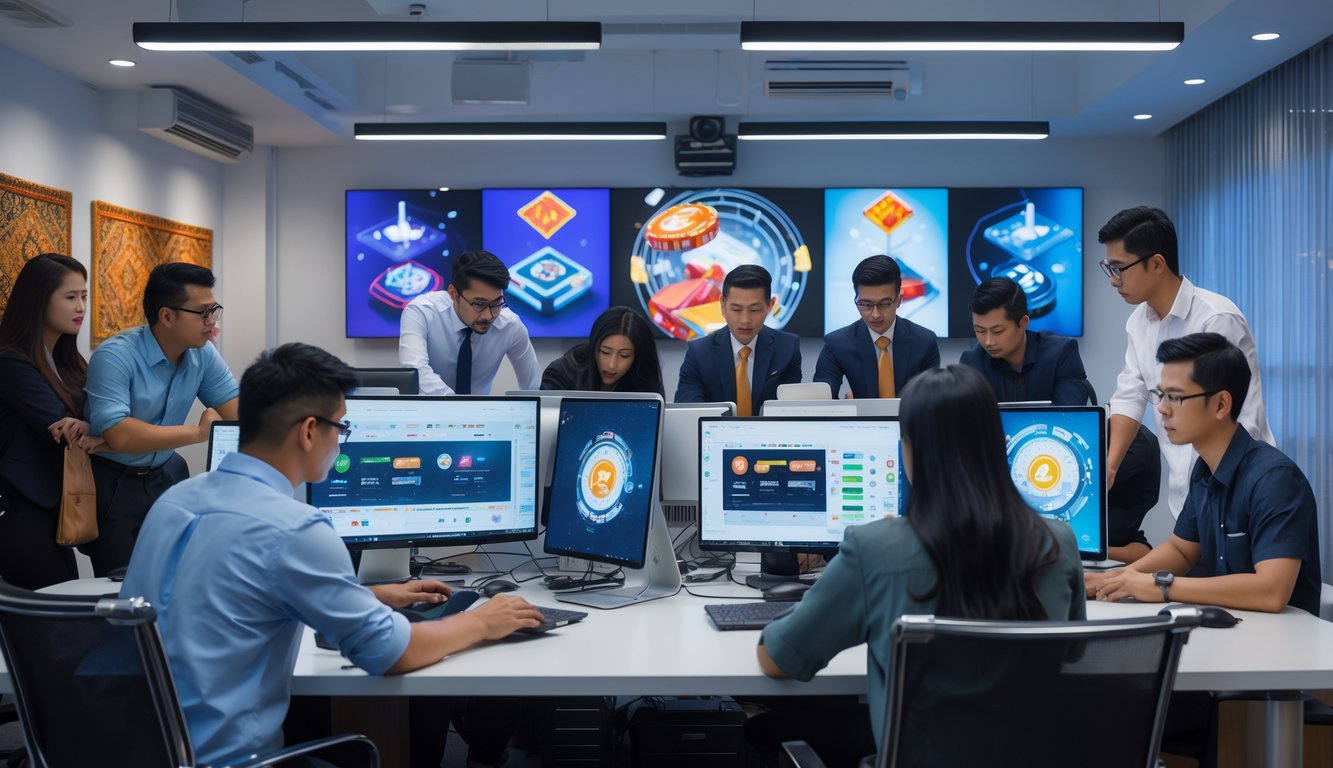 Sekelompok profesional muda Indonesia bekerja bersama di kantor modern dengan komputer dan layar yang menampilkan grafik terkait permainan daring.