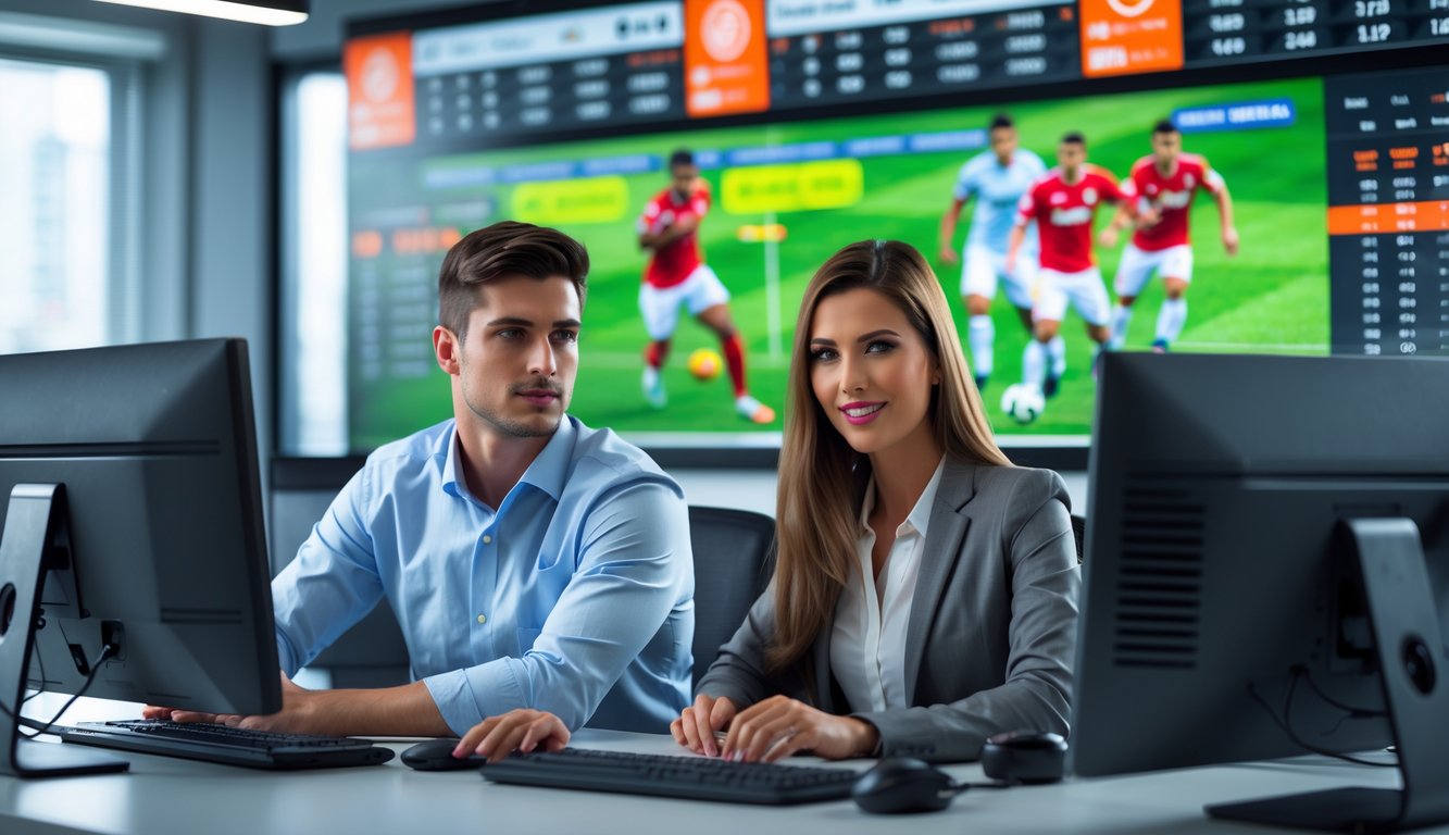 Dua orang sedang duduk di depan komputer dengan tampilan pertandingan sepak bola dan statistik taruhan di layar.