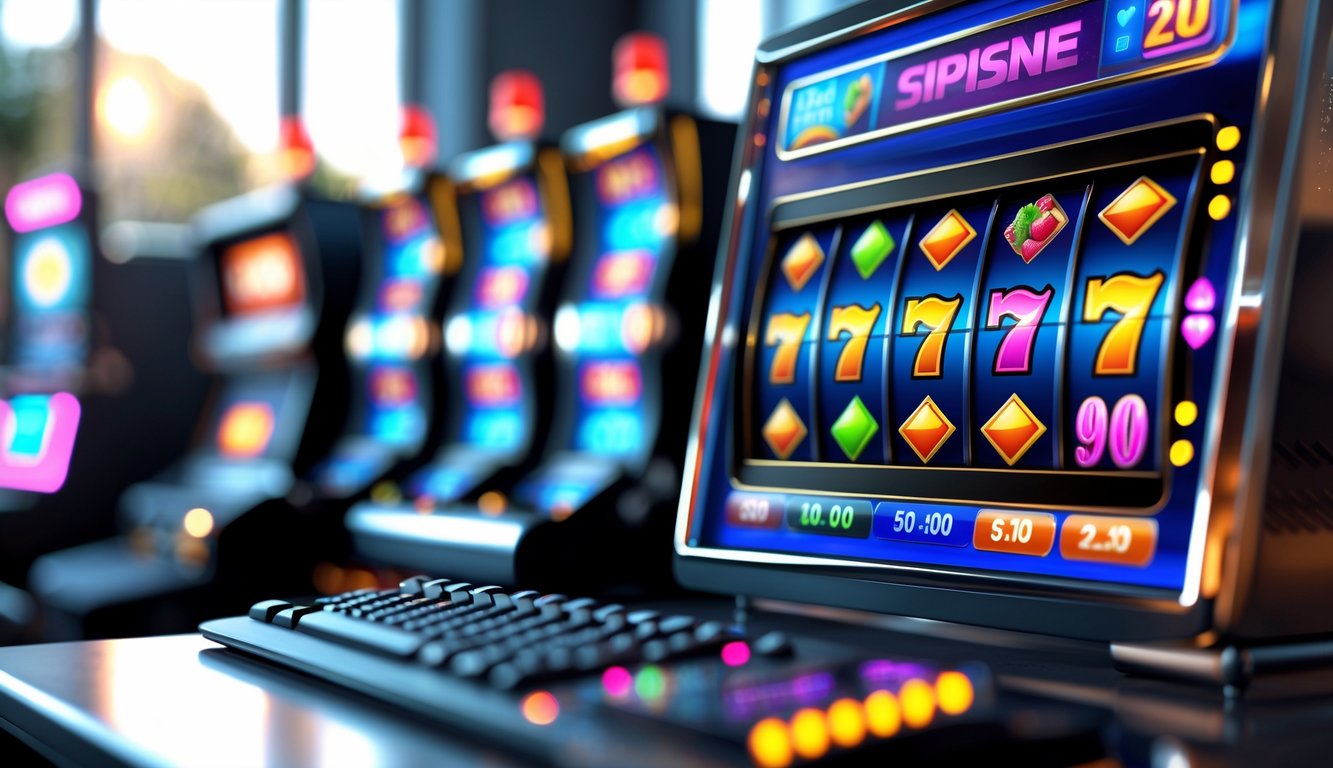 Suasana modern dengan perangkat digital menampilkan permainan slot warna-warni yang sedang berputar.