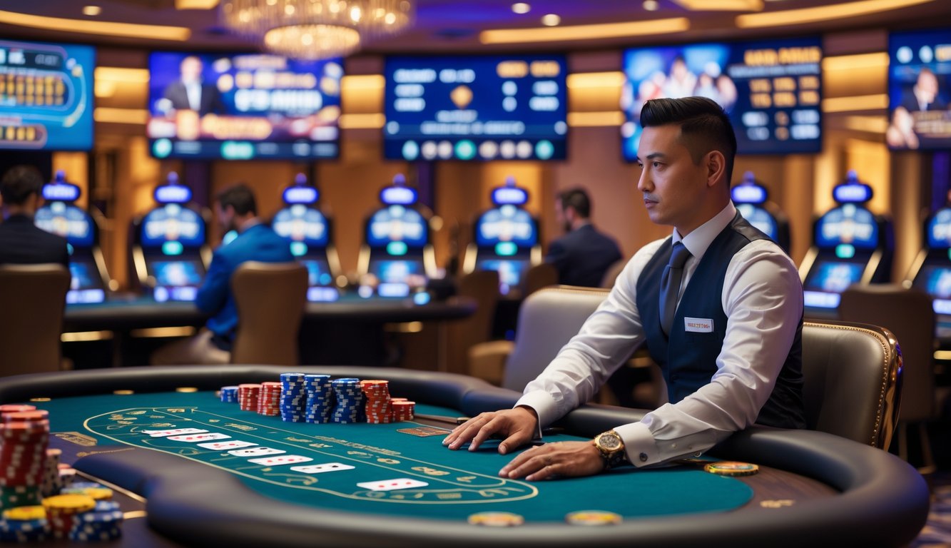 Seorang dealer di meja kasino langsung yang modern dengan kartu dan chip, beberapa pemain fokus bermain, suasana kasino yang mewah dan profesional.