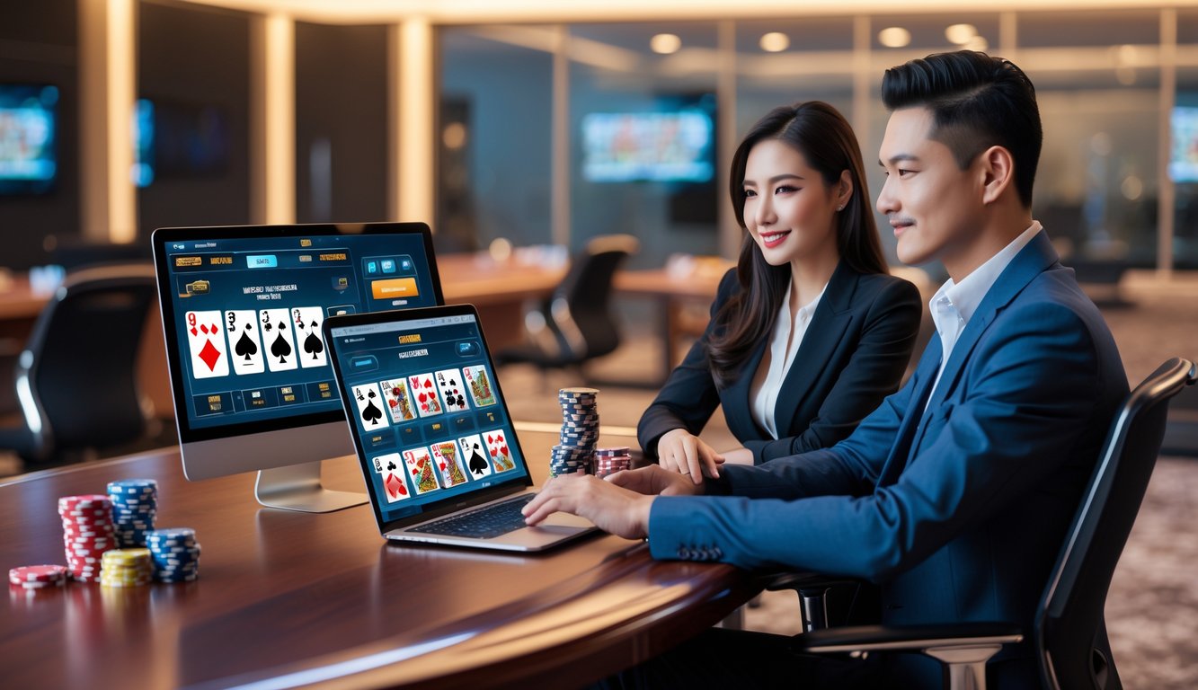 Dua orang profesional duduk di meja dengan perangkat digital yang menampilkan permainan poker online dalam suasana kantor modern.