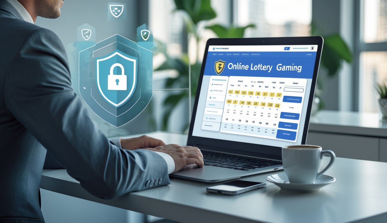 Seorang profesional sedang menggunakan laptop di meja kerja dengan tampilan antarmuka togel online di layar.