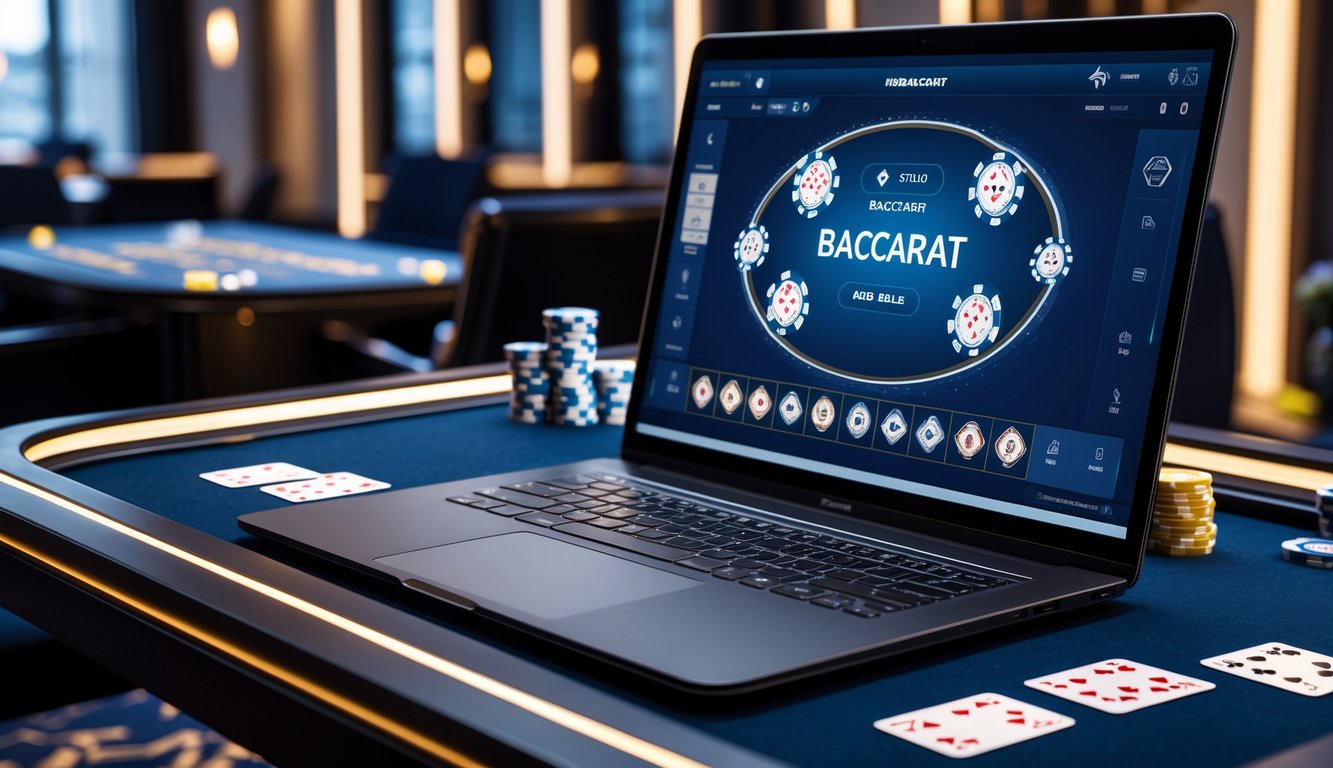 Meja permainan baccarat online dengan kartu dan chip, serta layar komputer yang menampilkan permainan baccarat.