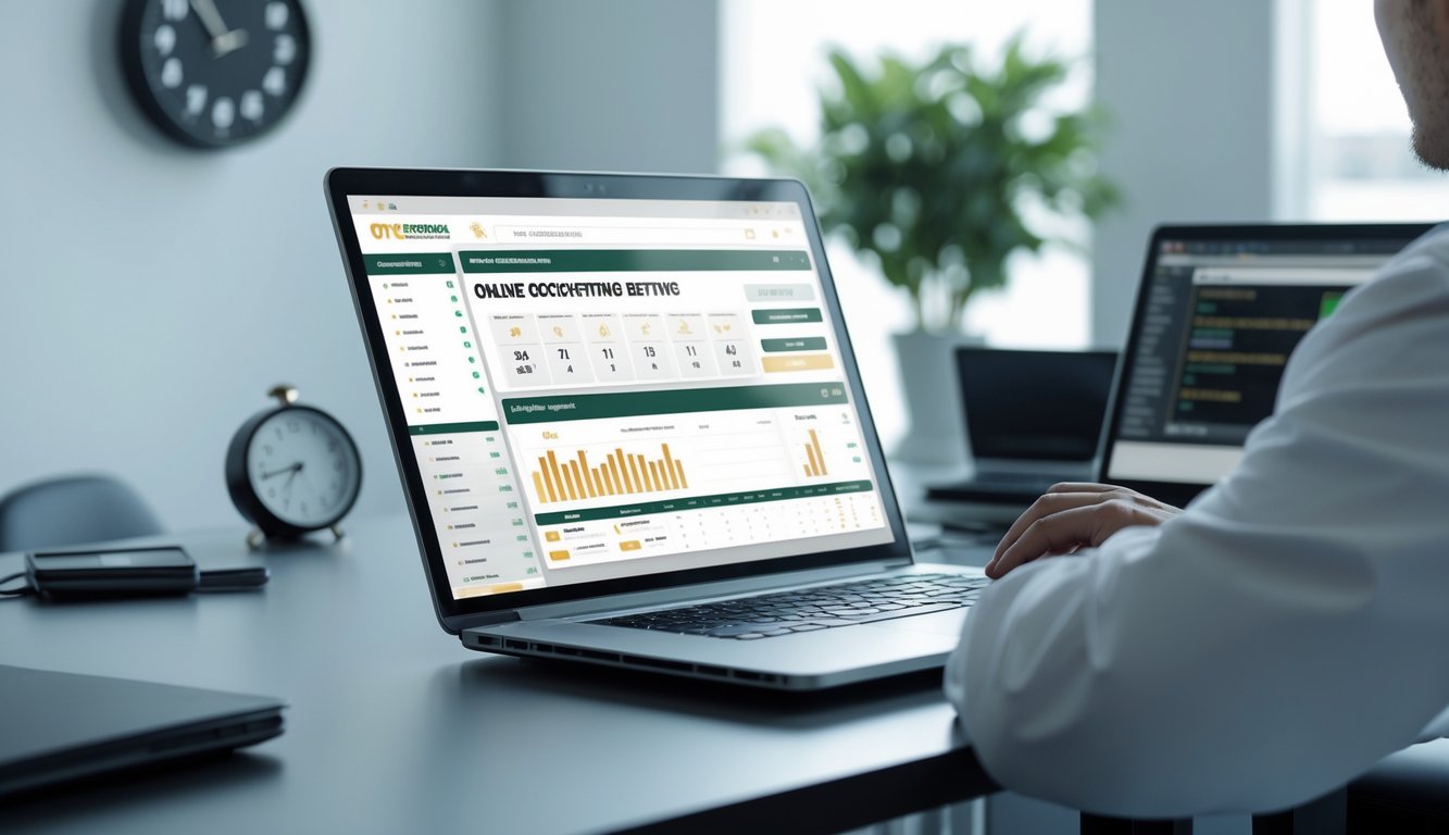 Seseorang menggunakan laptop di kantor modern yang terang dengan suasana profesional dan tenang.