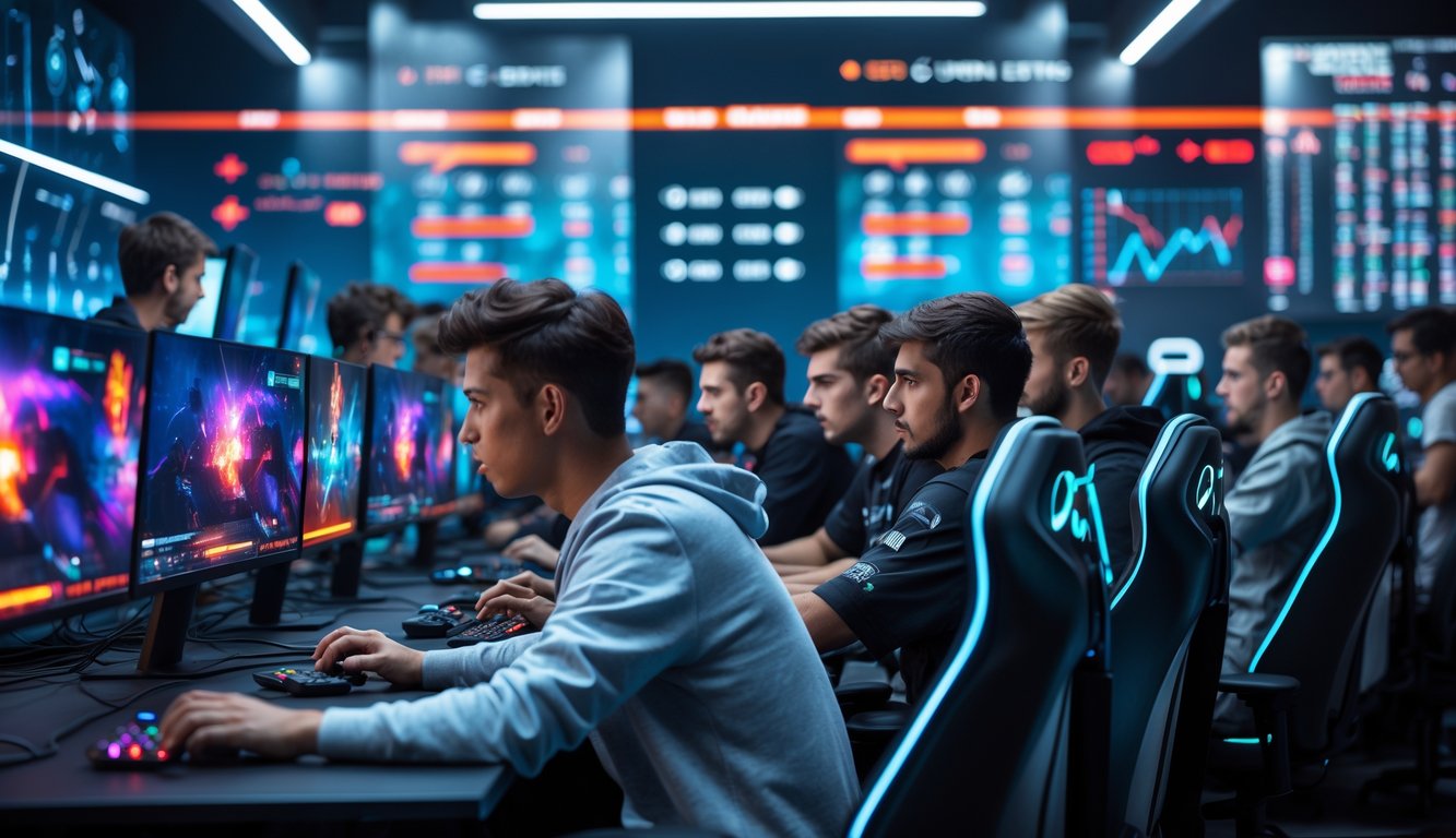 Sekelompok orang muda sedang bermain dan bertaruh pada turnamen e-sport dengan peralatan gaming canggih di ruangan modern.