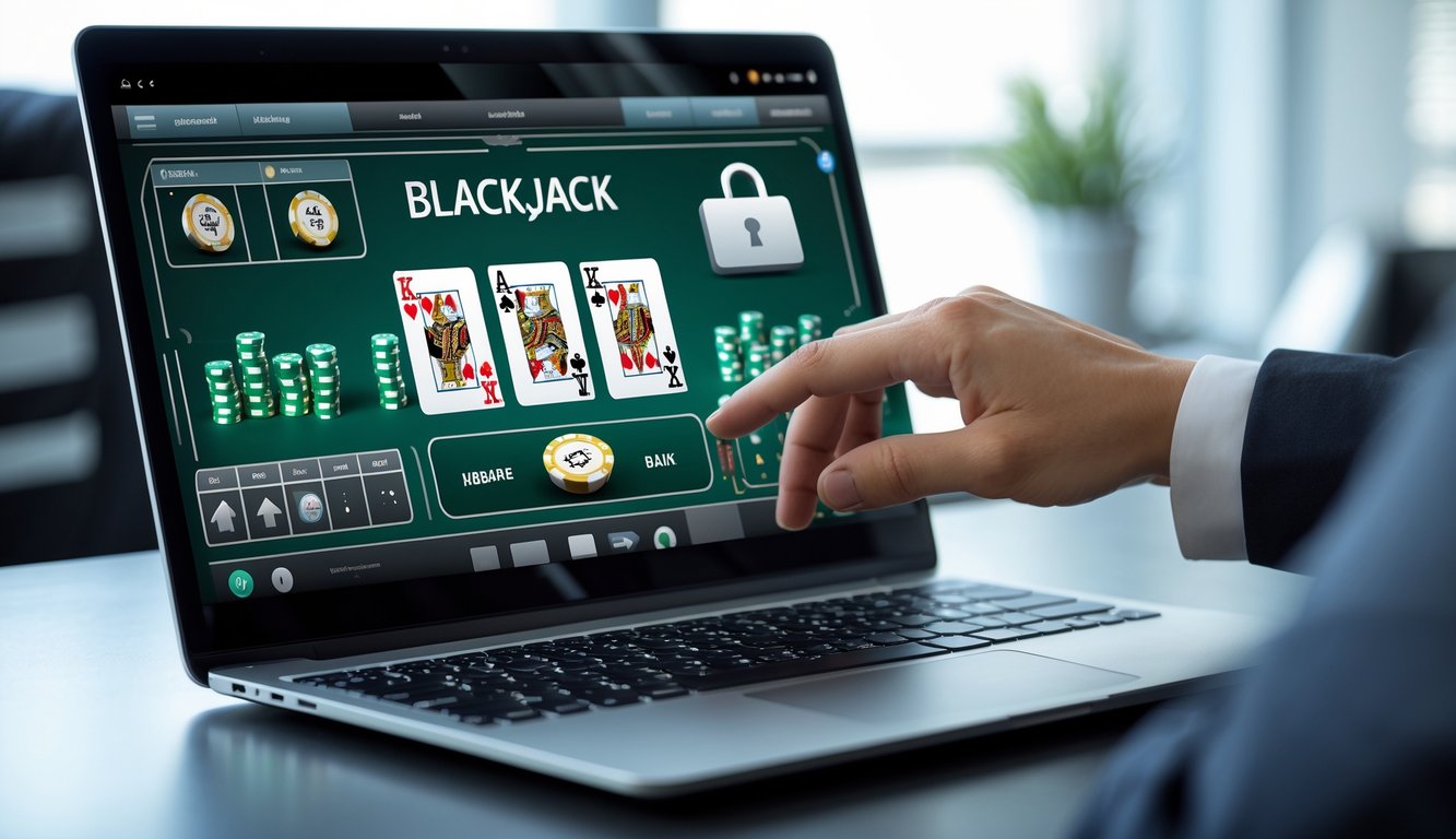 Seseorang sedang bermain blackjack online di laptop dengan suasana ruangan yang modern dan terang.