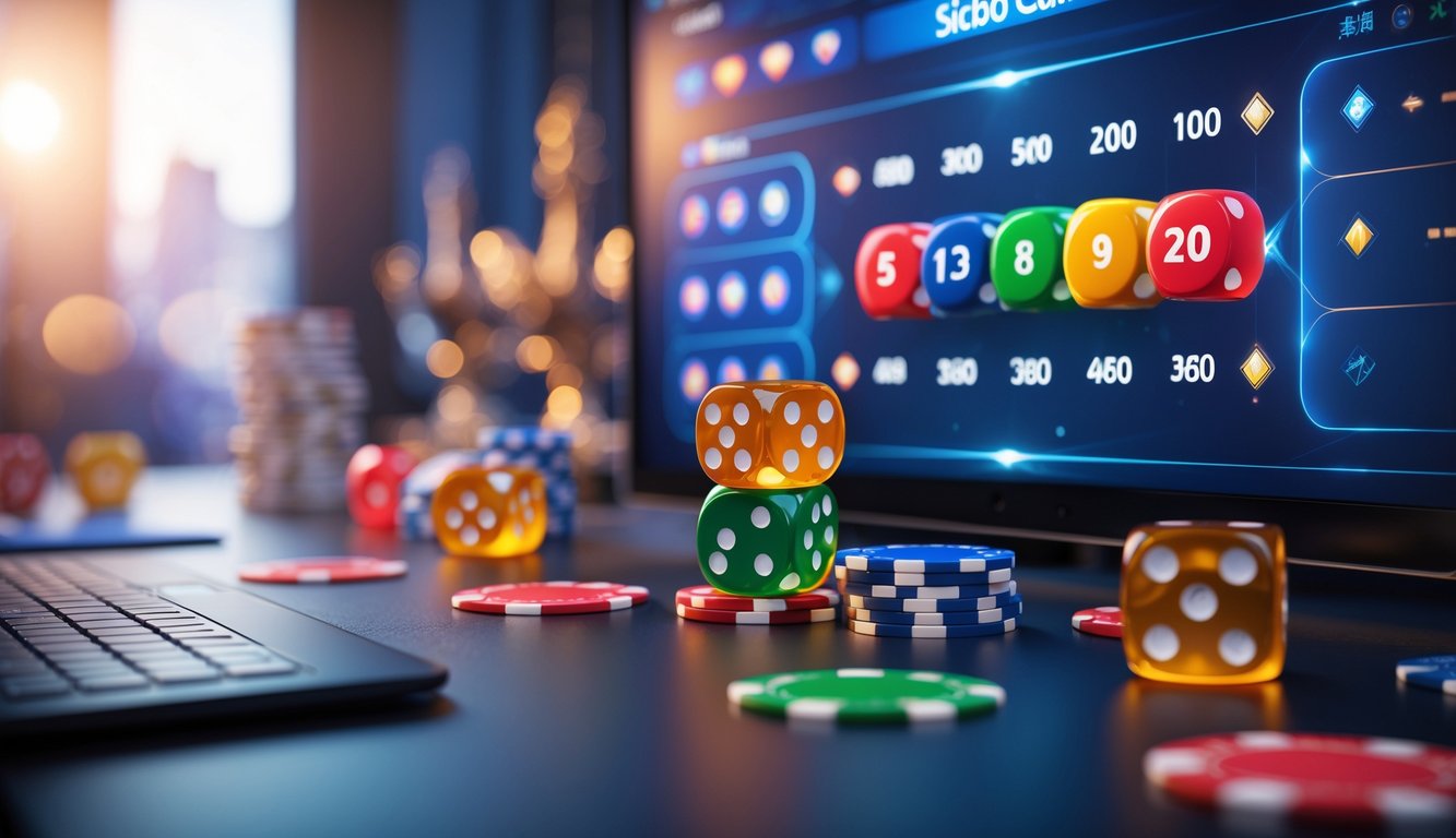 Antarmuka permainan Sicbo online dengan dadu berwarna cerah dan elemen permainan di latar belakang yang remang.