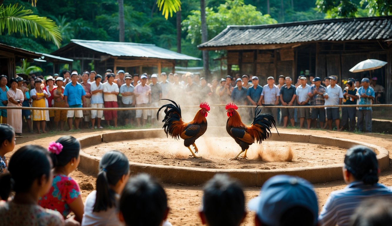 Dua ayam jantan sedang bertarung di arena tanah dengan kerumunan orang menonton di latar belakang di lingkungan pedesaan.