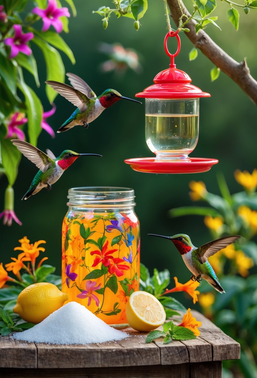 A garden scene with a jar of homemade hummingbird nectar, fresh ingredients on a wooden table, and hummingbirds feeding from a hanging feeder among blooming flowers.