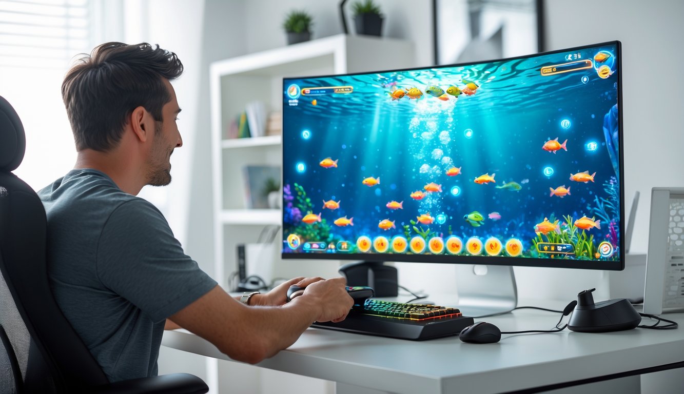 Seorang pria dewasa sedang bermain game tembak ikan online di depan komputer di ruang kerja yang rapi.