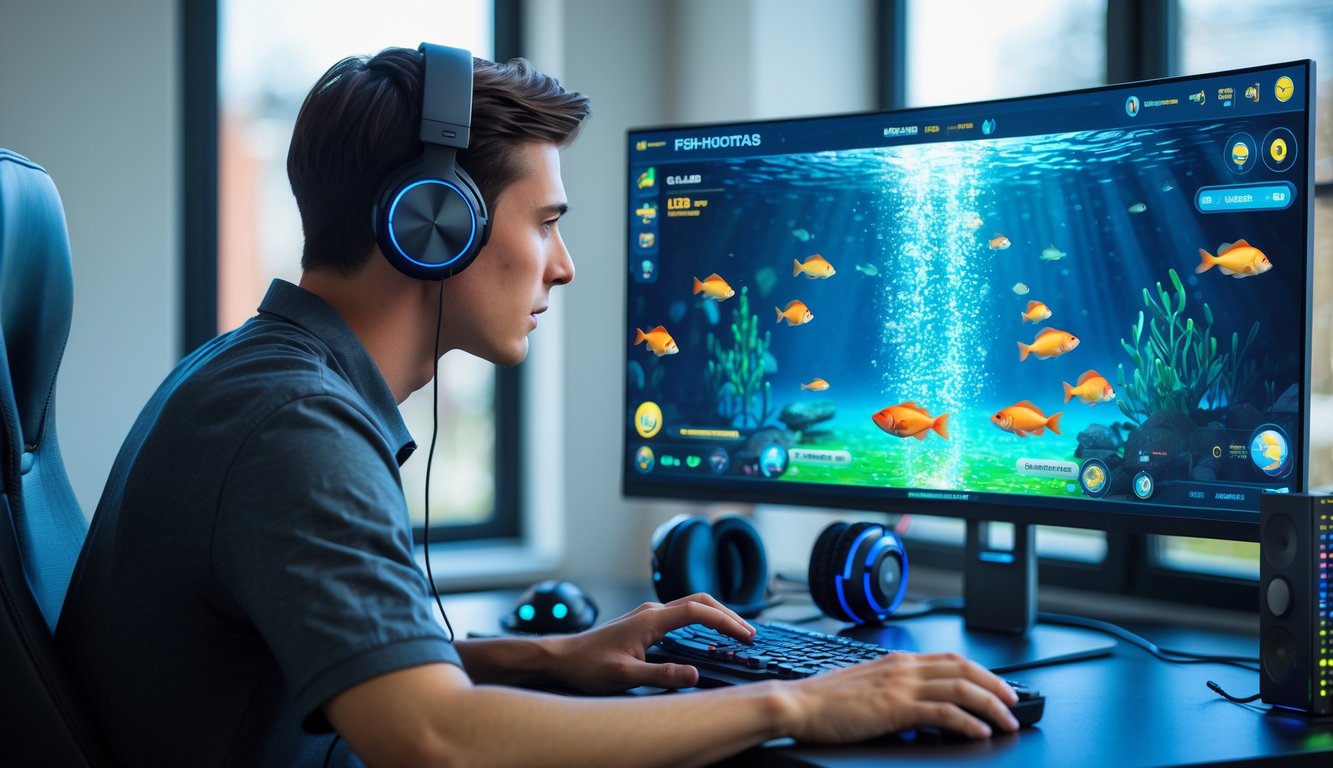 Seorang pria muda sedang bermain permainan tembak ikan online di komputer di ruang kerja modern.