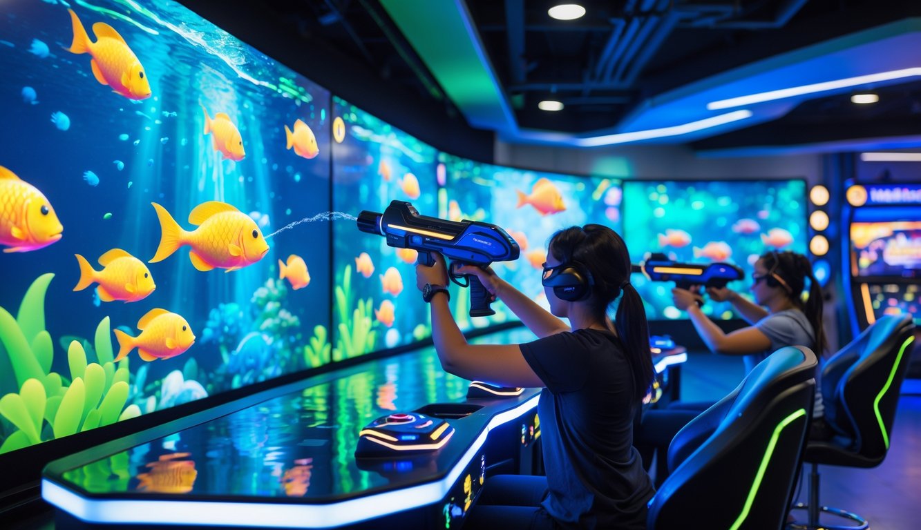 Orang-orang sedang bermain permainan tembak ikan di arcade dengan layar warna-warni dan alat kontrol futuristik.